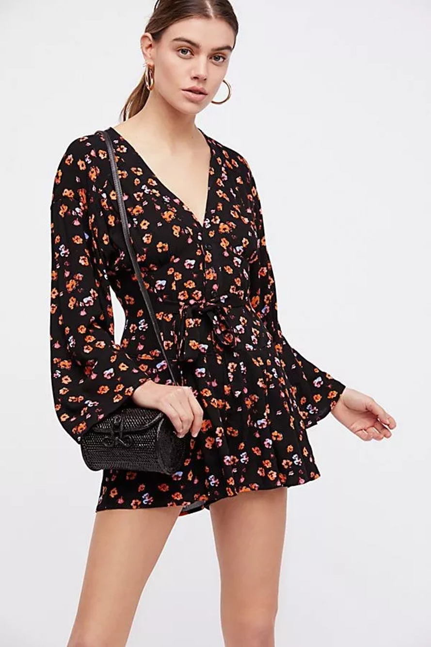 New Free People x L'amour Floral Romper Black Combo Long Sleeve $98 Size 0